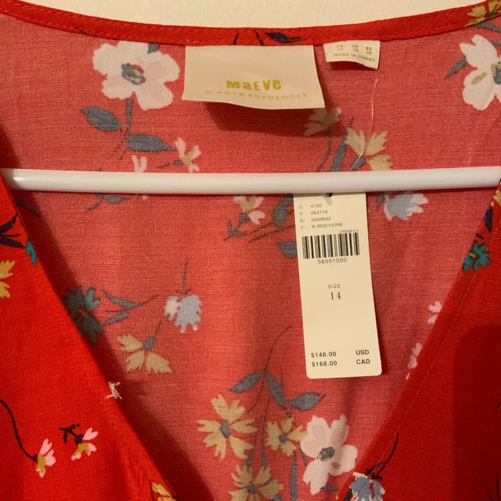 ANTHROPOLOGIE /Maeve floral V-neck rayon dress/tie sleeves/NWT/14 - Picture 4 of 7